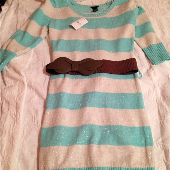 Mint and white sparkly sweater dress with belt.