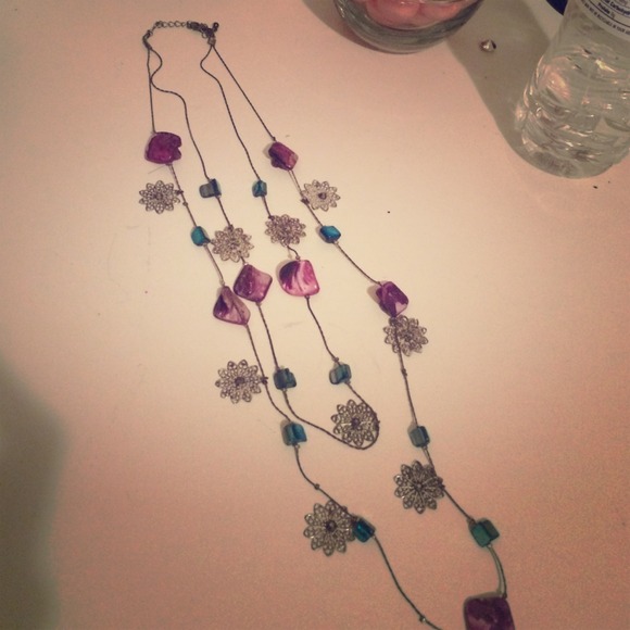 Purple teal and silver flower necklace