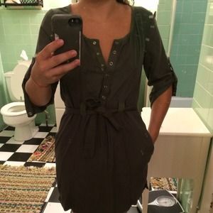 Army green long sleeve button up shift dress