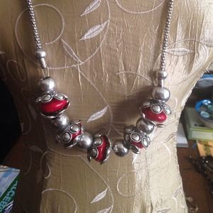 Necklace Silver tone with red beads NWOT