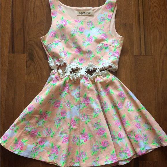 Peach dress with neon print and cutout