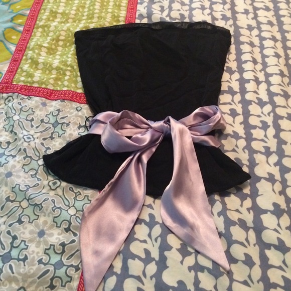 Black strapless top with lavender satin tie