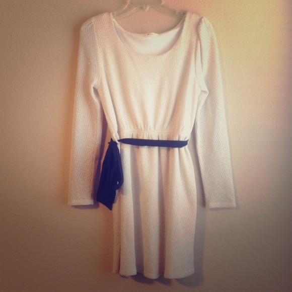 Sparkly thread cream dress w/ a black ribbon belt