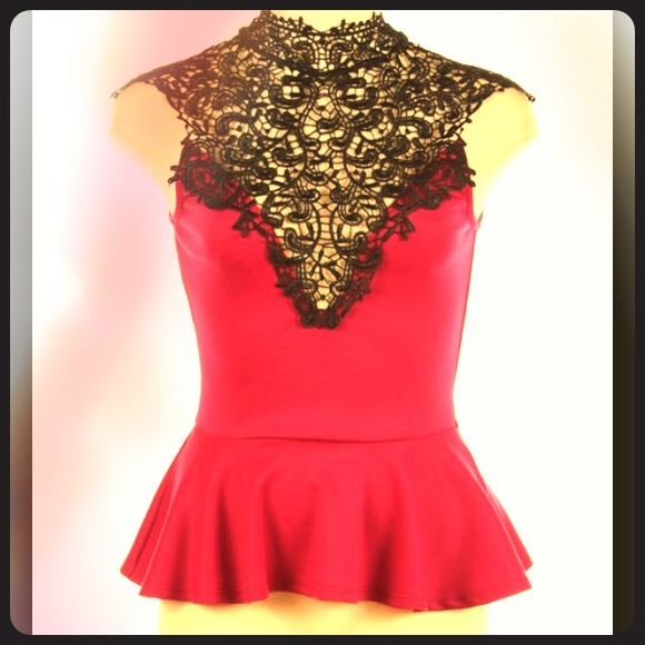 Lace neck peplum in dark salmon