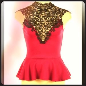 Lace neck peplum in dark salmon