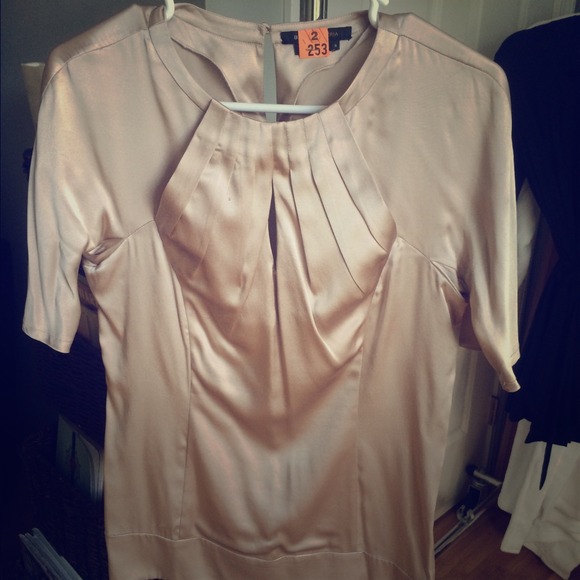 Champagne BCBG silk top with detail pleats