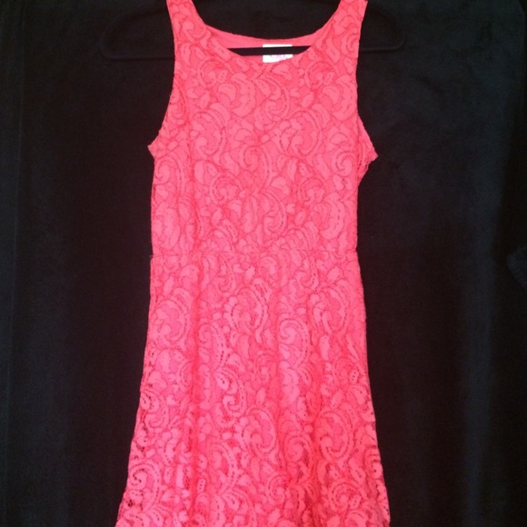 Coral girl's dress with lace overlay