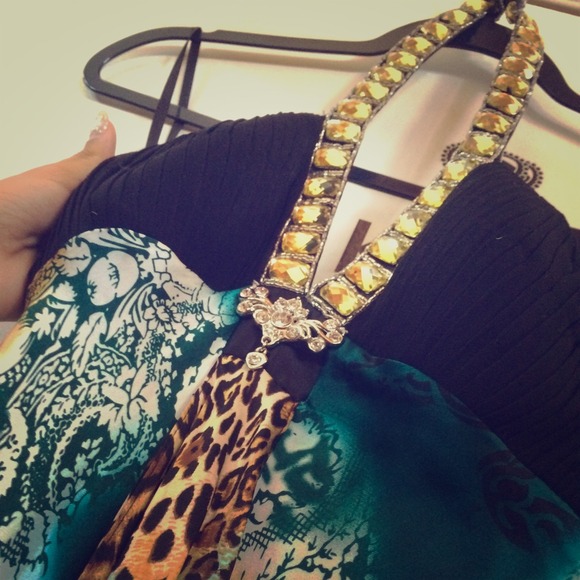 Diamond halter exotic dress with small train