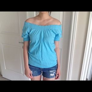 Light blue off the shoulder top with raunch sleeve
