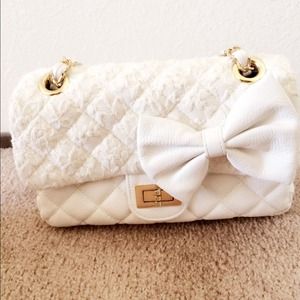 White Leather, Gold Chain, Bow & Lace Detail Bag