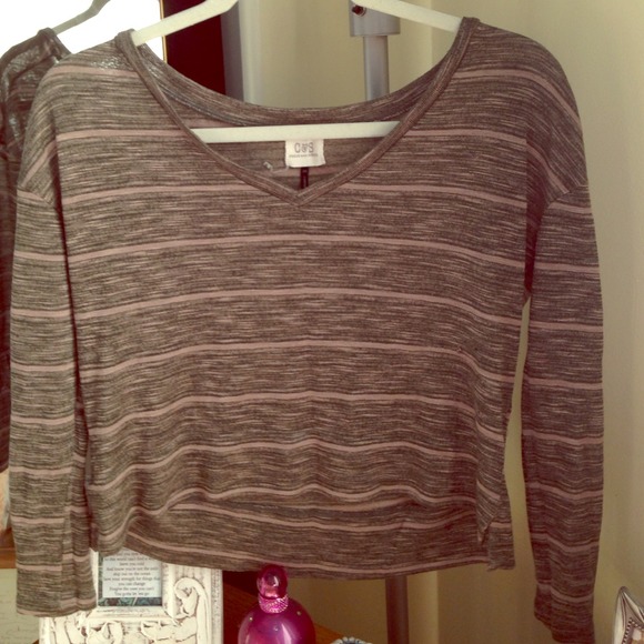 Long sleeve dark green and beige striped shirt.
