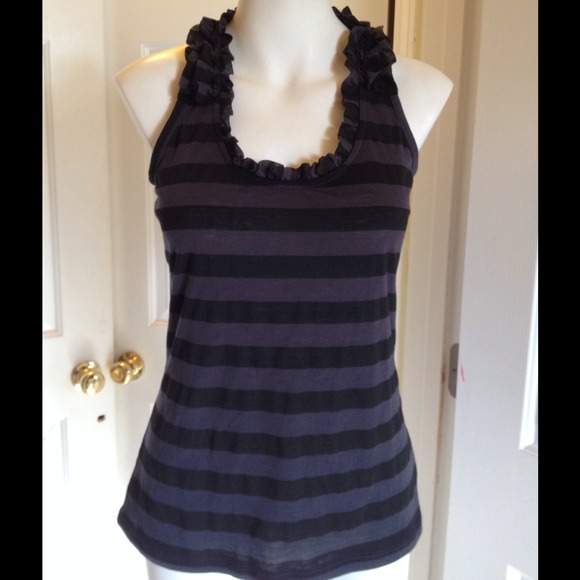 Navy and black ruffle neck and back tank top. - Picture 2 of 4