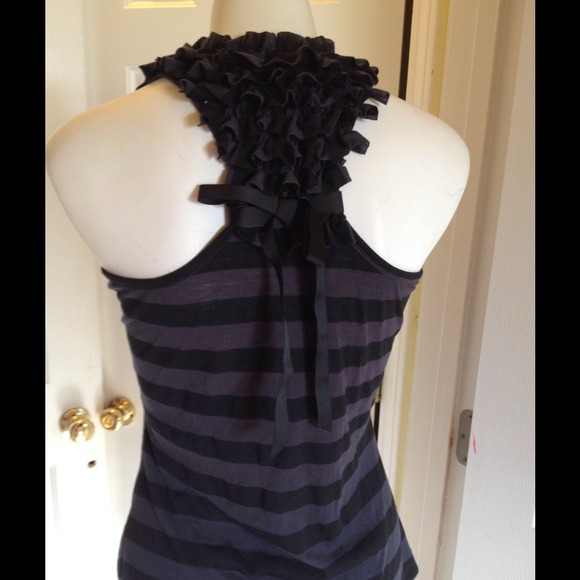 Navy and black ruffle neck and back tank top. - Picture 3 of 4