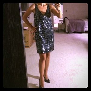 sequined black dress in petite by Velvet