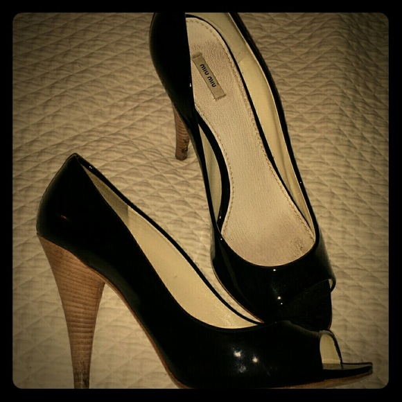 PRADA Miu Miu Peep Toe.  Black Patent Wooden Heel