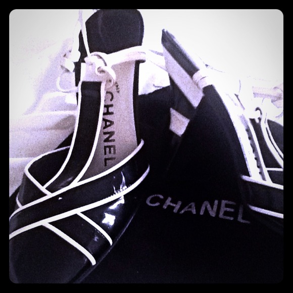 Chanel Black & White T-Strap Patent Leather Shoes