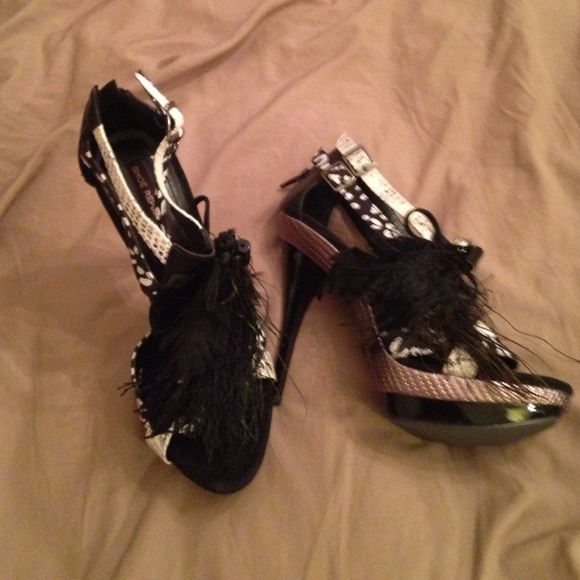 Black and white feather heels