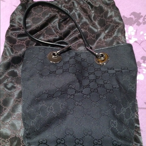 Authentic Gucci black monogram canvas sm bucket