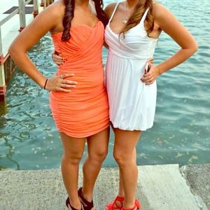 ASOS strapless orange chiffon dress