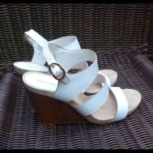 Nine West Leather Ankle Strap Wedges Gold Accents