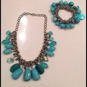 Silver And Turquoise Necklace And Bracelet Set