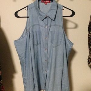 Shoulder cut out denim button up with lace back