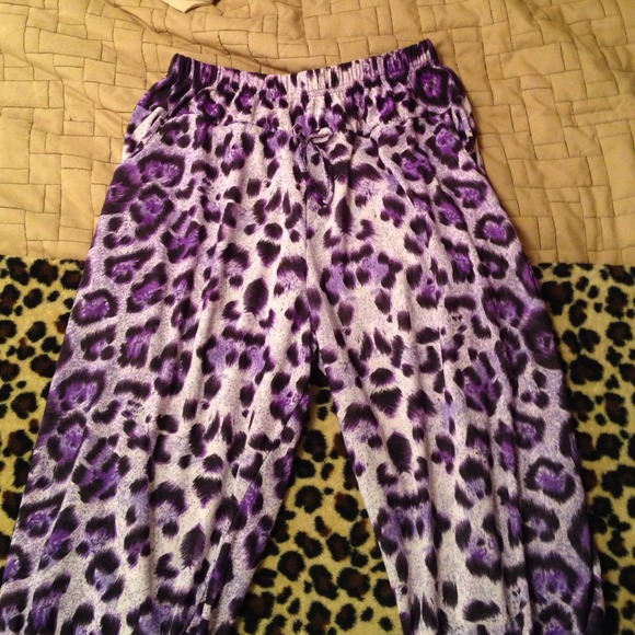 Comfy purple and brown leopard print pants.