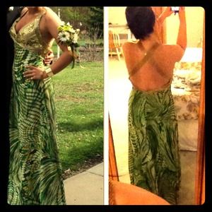 Silky formal gown, gold sequins.