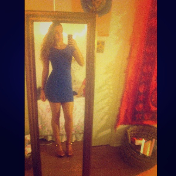 Blue low back cap sleeve mini dress