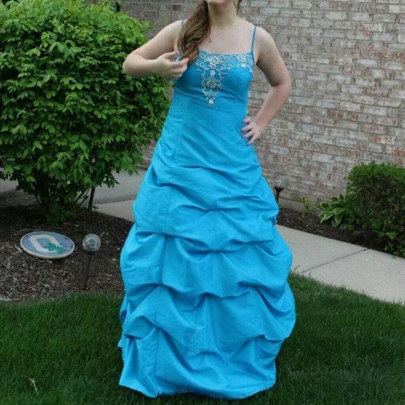 Blue formal/prom ball gown ruffles beads dress - Picture 1 of 4