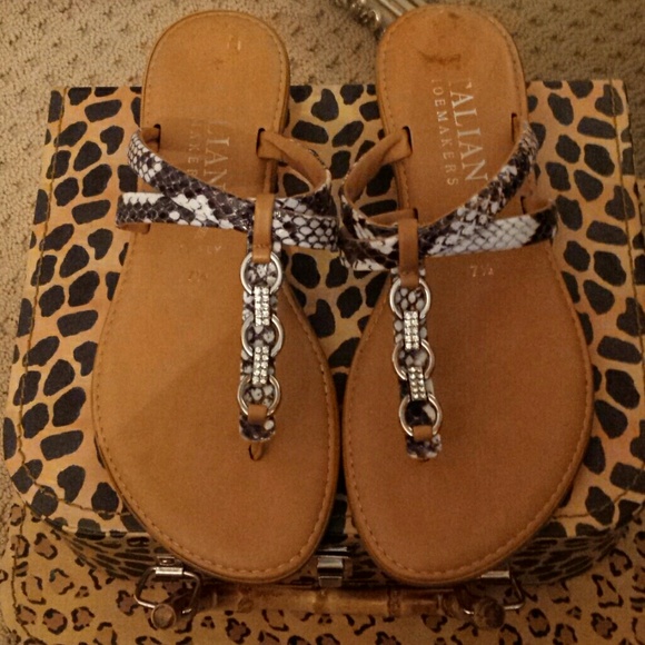 Snake Print and Rhinestone Leather Sandals - Picture 1 of 3