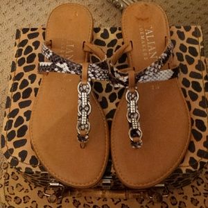 Snake Print and Rhinestone Leather Sandals