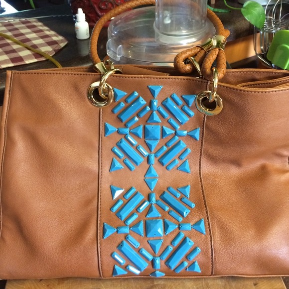 NWOT IMAN handbag Brown w/ Turquoise beading