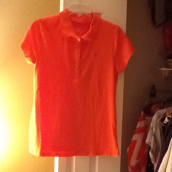 Orange buttoned collared shirt. Size small.