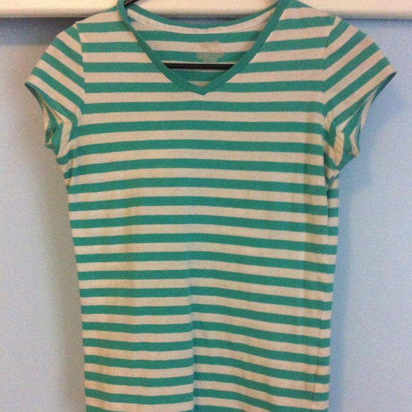 Turquoise & White horizontal striped V-neck  tee