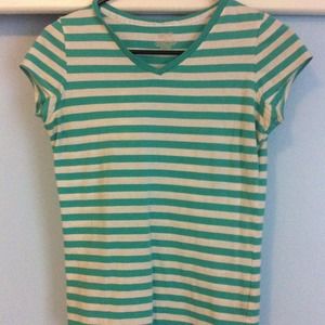 Turquoise & White horizontal striped V-neck  tee