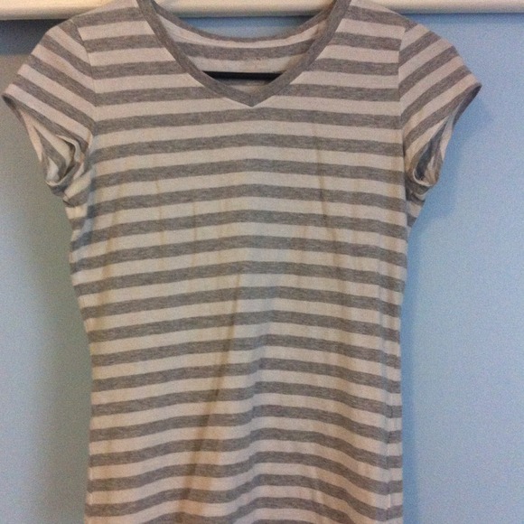 Grey & White horizontal striped V-neck tee