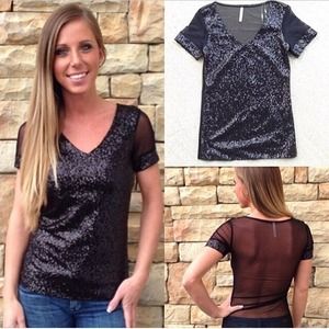 Black, v-neck sequin top with sheer back.