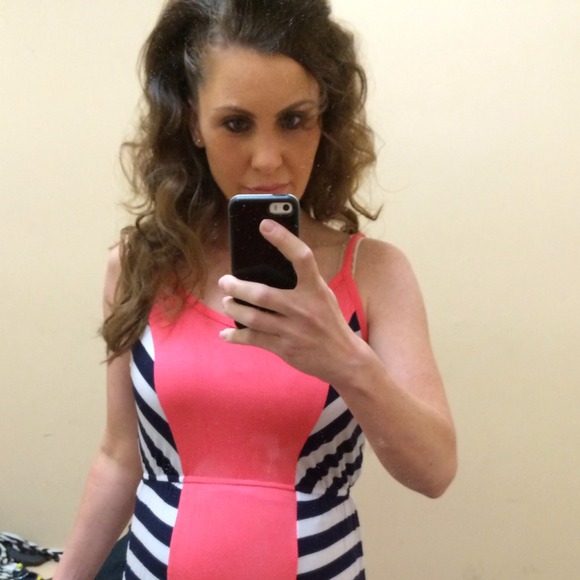 Coral, Navy Blue and White maternity maxi dress.