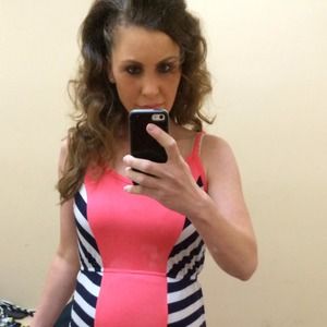 Coral, Navy Blue and White maternity maxi dress.