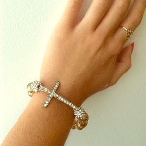 Beaded cross bracelet with jeweled accents
