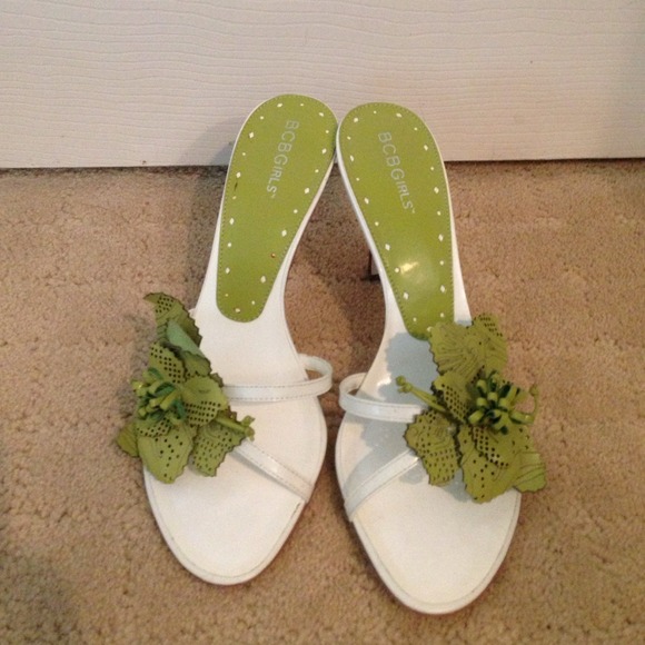 White and green strap high heels