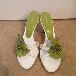 White and green strap high heels