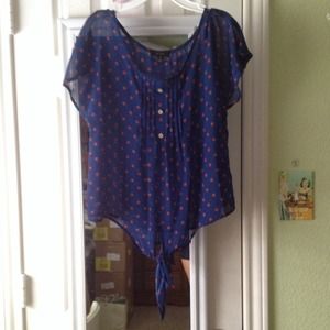 blue and red blouse w/ bottom knot