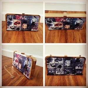 Magazine print and gold clutch