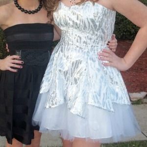 Zebra silver sparkly strapless dress.