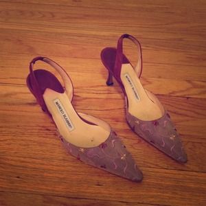 Purple embroidered manolo slingbacks