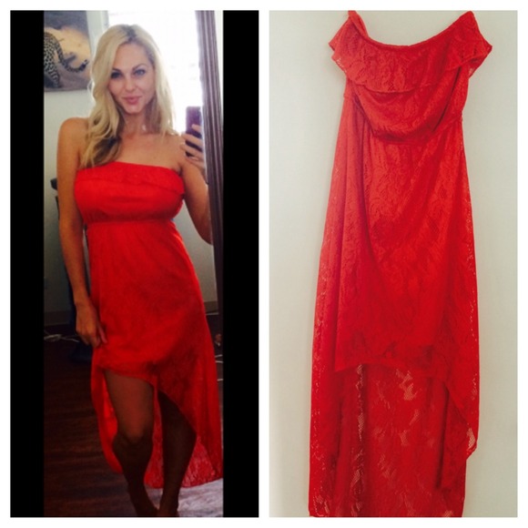 Red High-Low Maxi Lace Dress