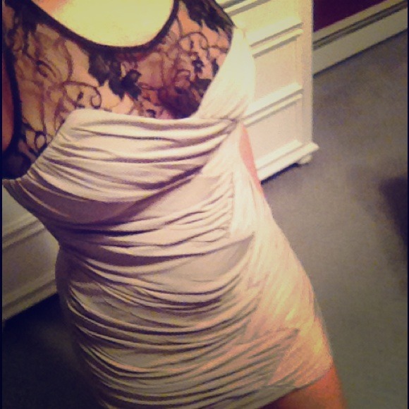 Taupe mini dress with lace straps and back