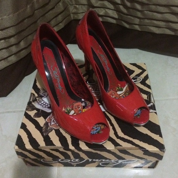 Red patent leather Ed Hardy heels